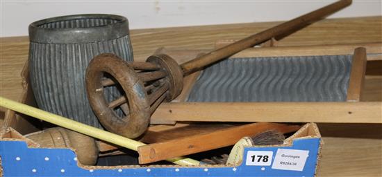 A childs set of wash boards, dollys and a galvanised tin wash tub